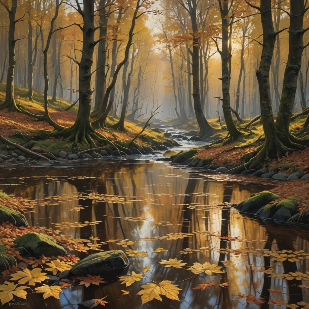 Autumn Forest River at Sunset: Monsted Style