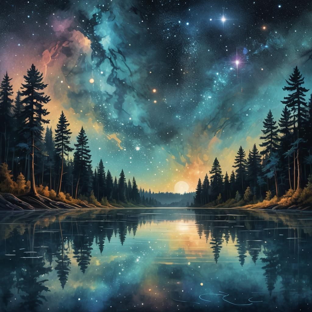 Cosmic Lake at Night: A Mixed Media Dreamscape