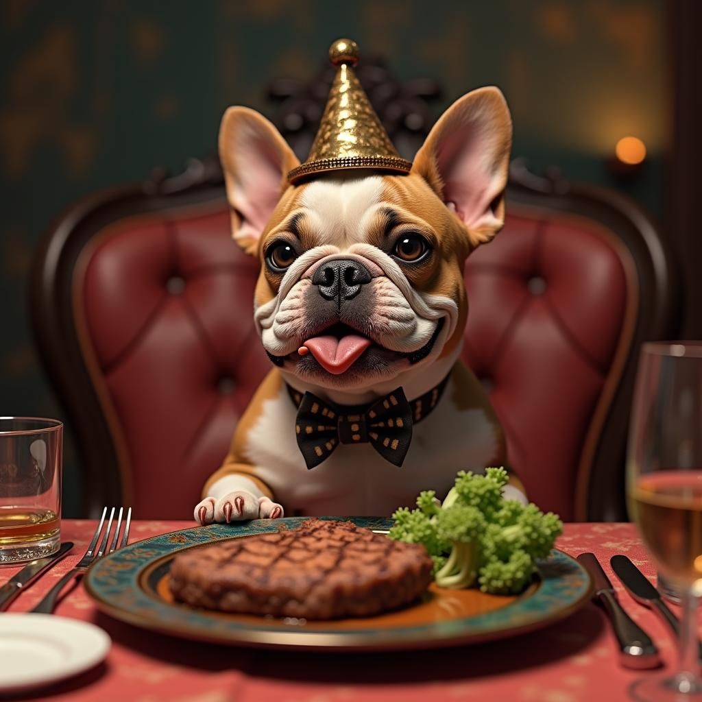 Bulldog's Lavish Dinner: Hyper-Realistic 3D Art