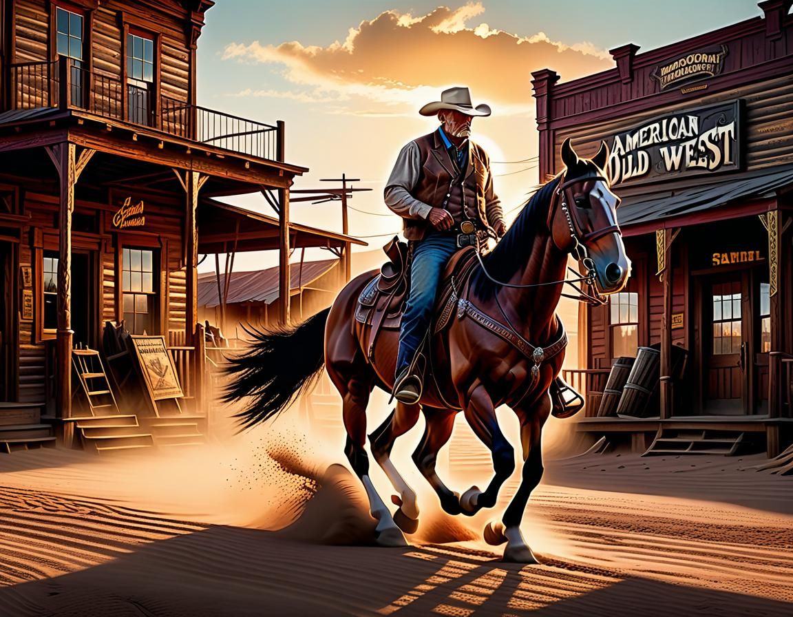 Cowboy Rides in Front of Saloon at Sunset