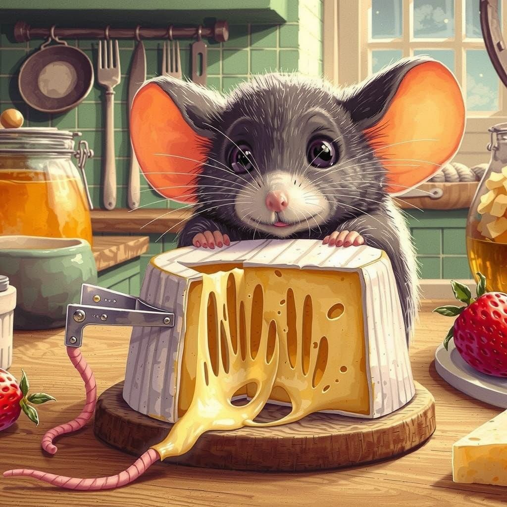 Mouse and Cheese in Watercolor Illustration Style