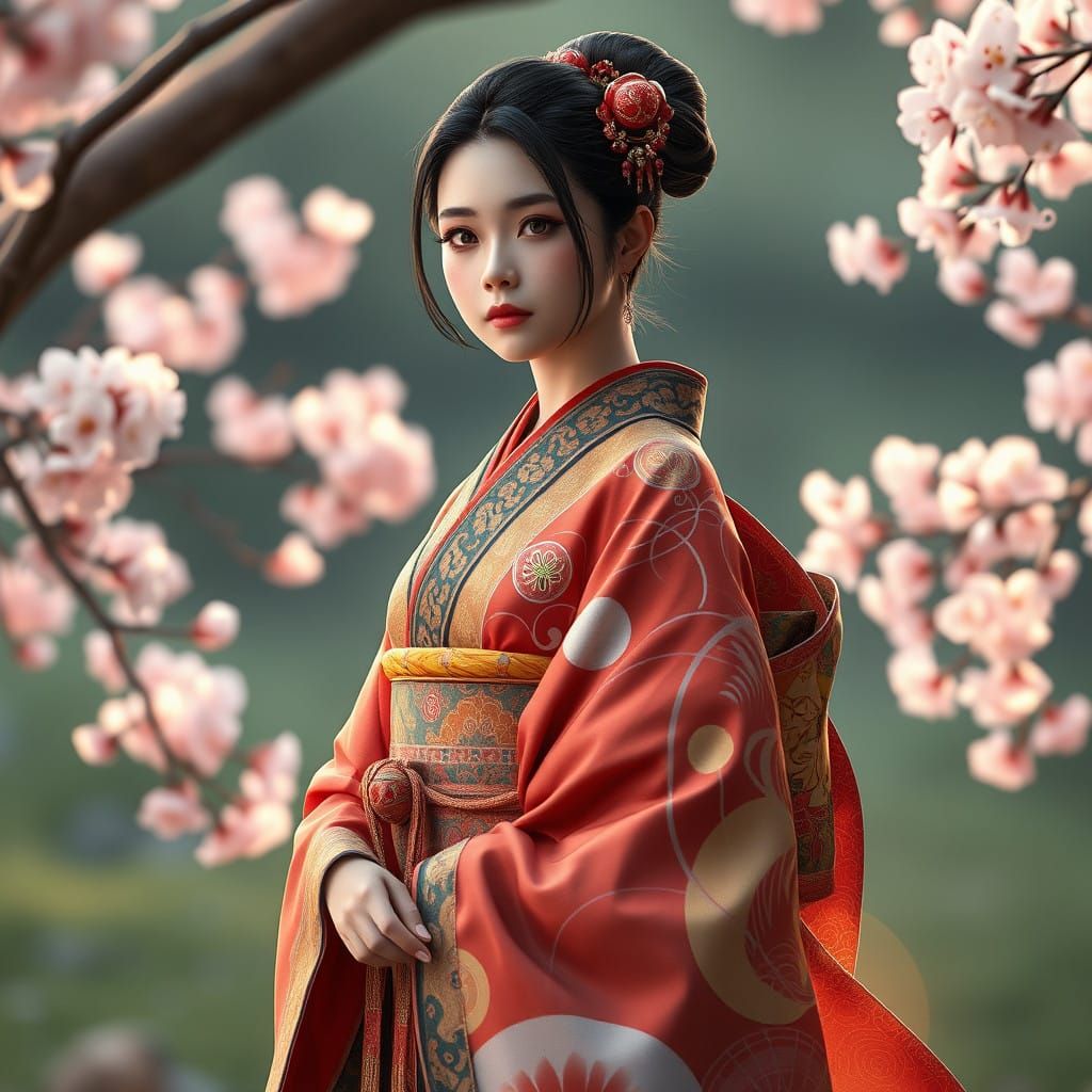 Elegant Japanese Woman in Vibrant Kimono amidst Cherry Bloss...