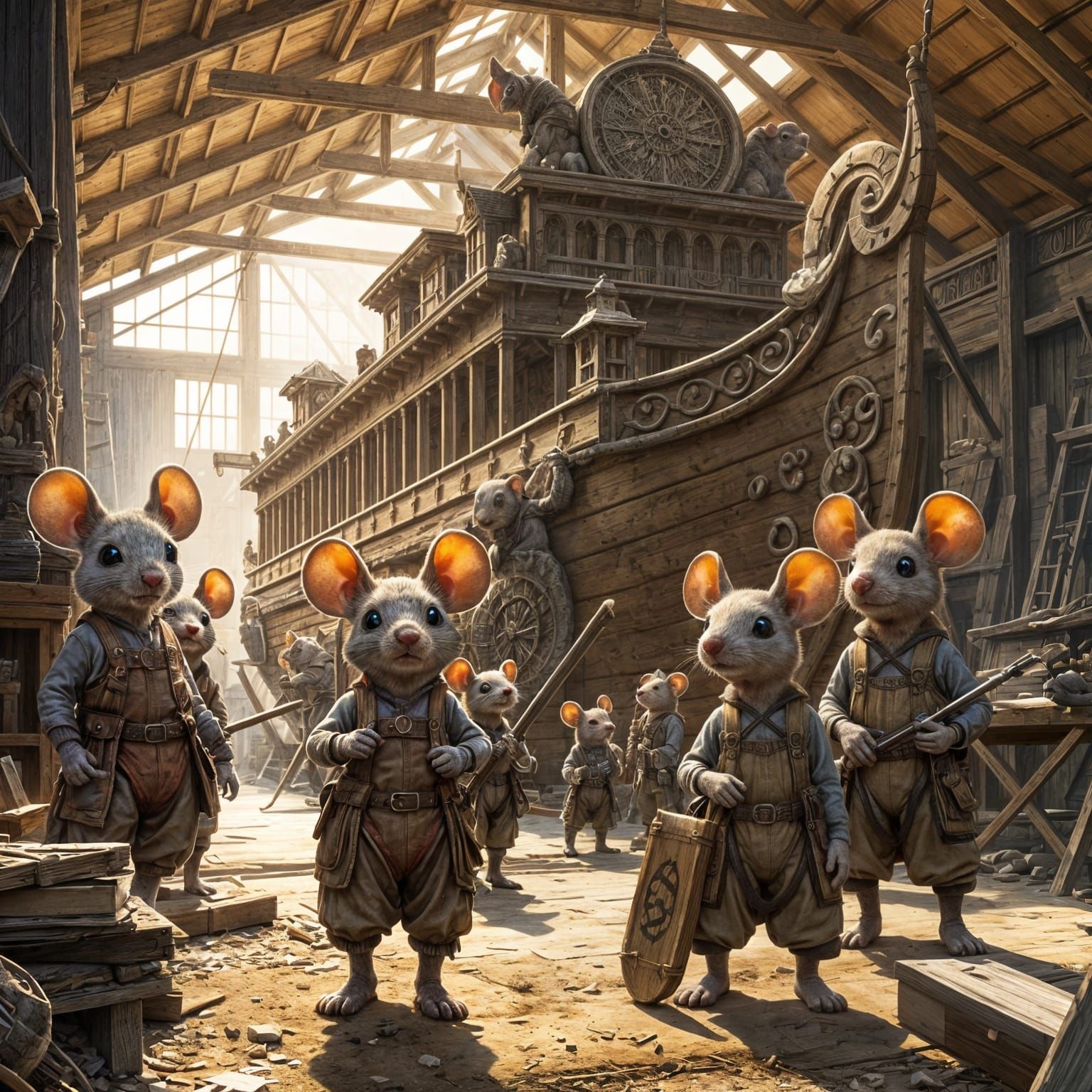 Hyperrealistic Mice Carpenters Building a Huge Ark