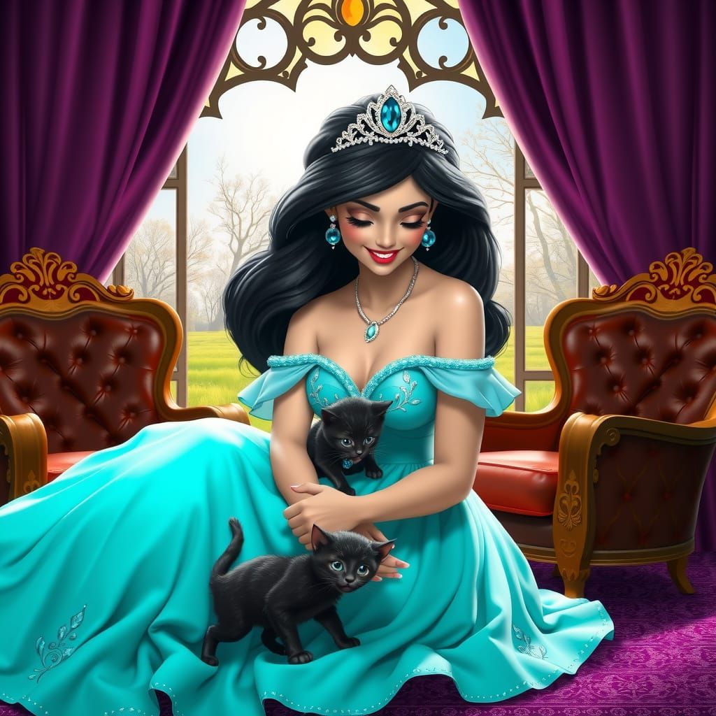 Princess Jasmine Portrait with Kitten, Art Nouveau Style