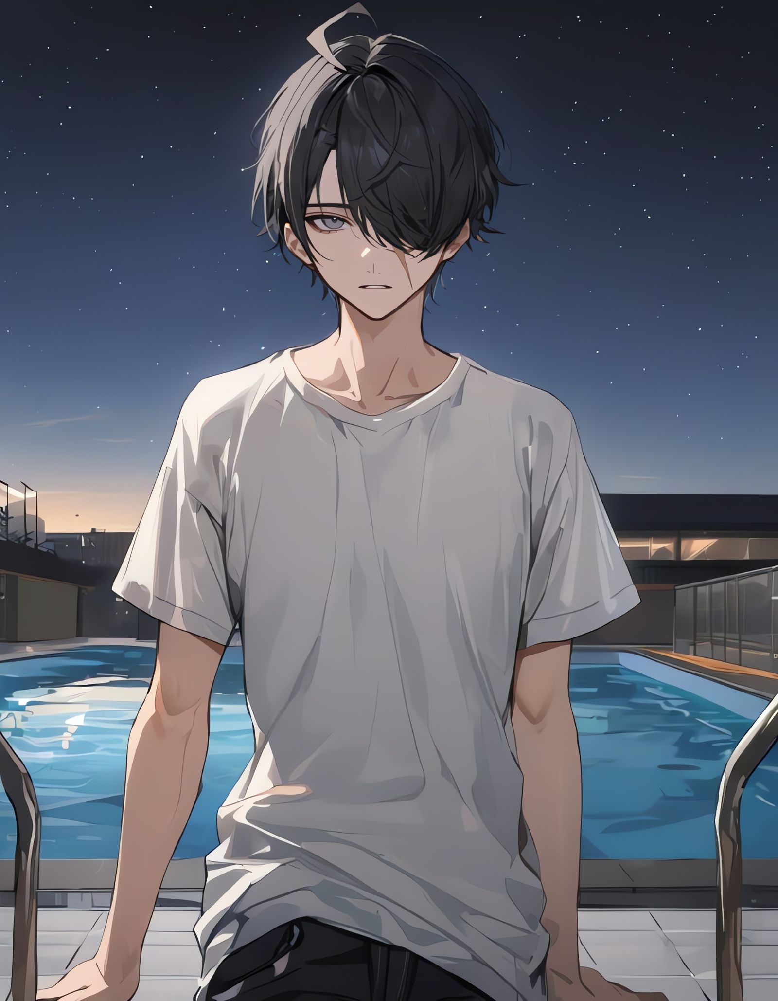 Bishounen at Poolside Under Starry Night Sky
