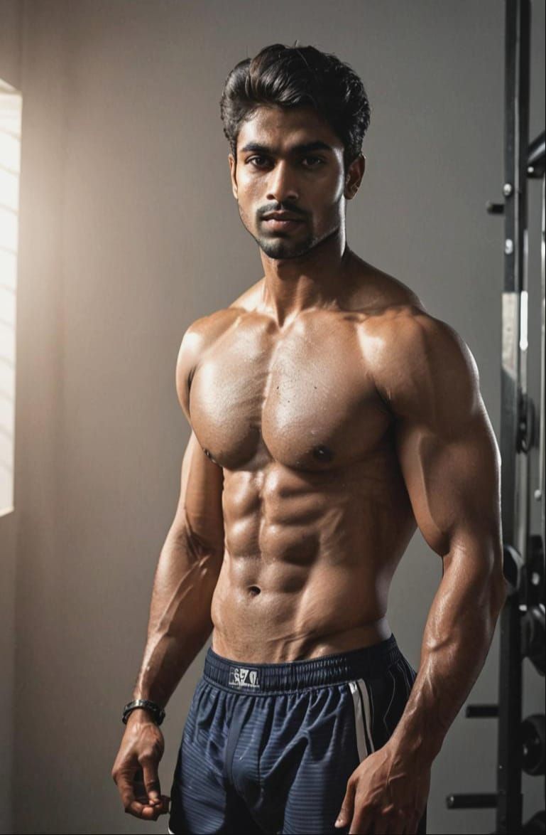 Athletic South Indian Man Poses in Gym