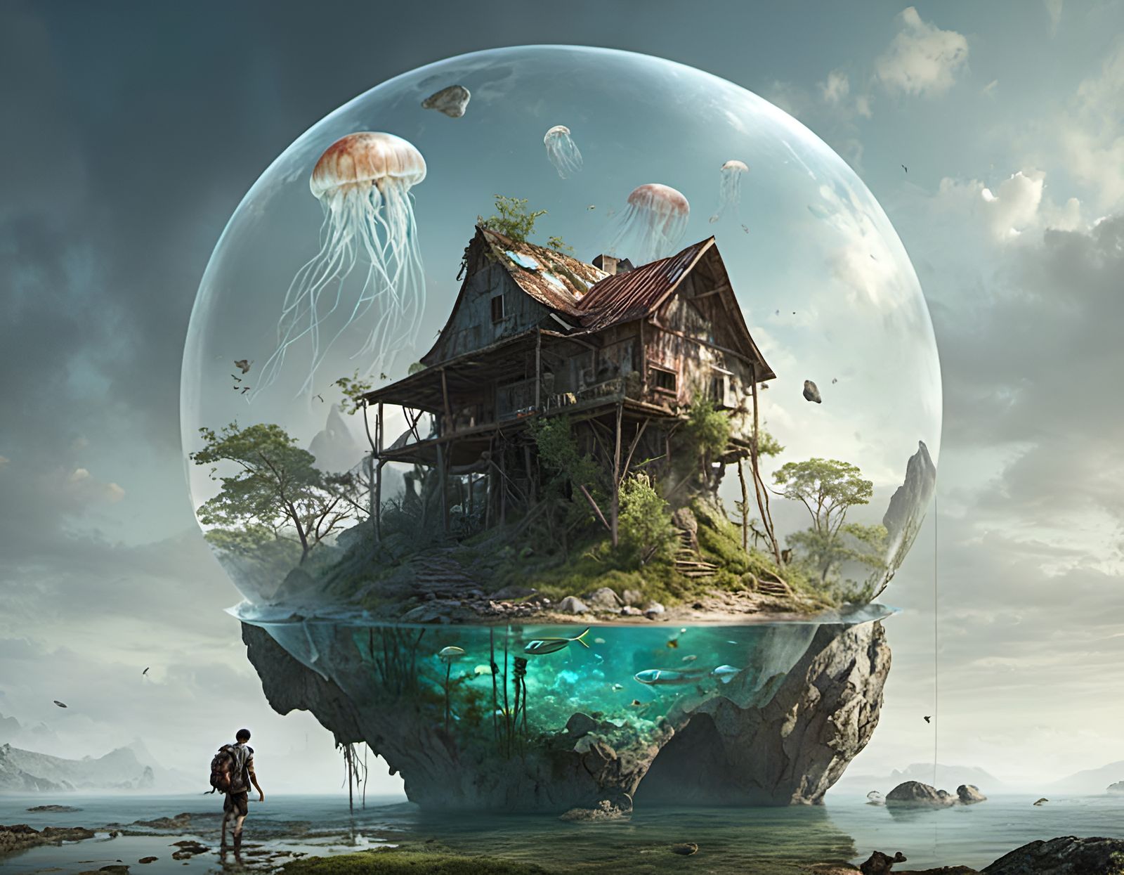 Enigmatic Glass Village with Jellyfish
