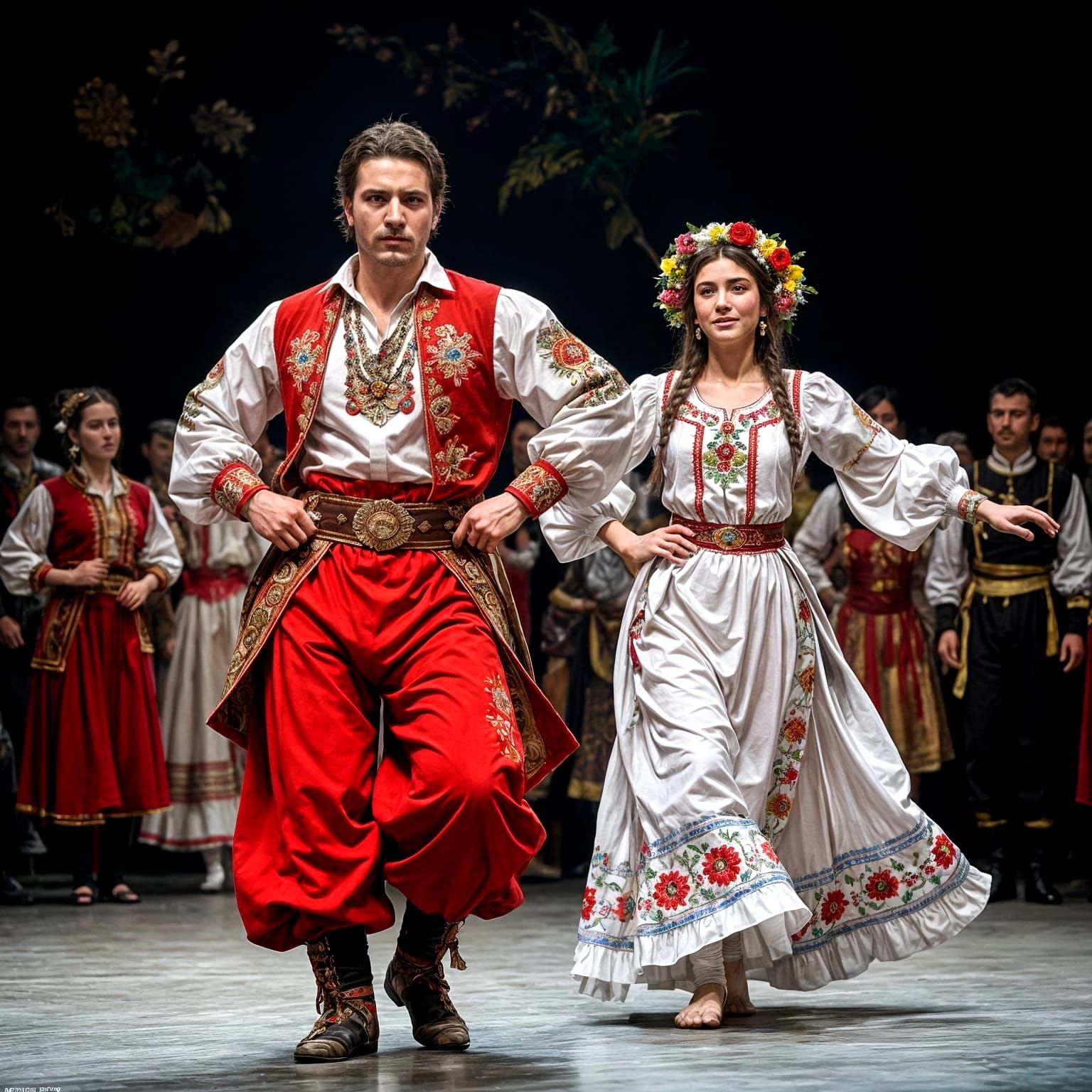 Cossack and Girl Dance Hopak in Traditional Attire