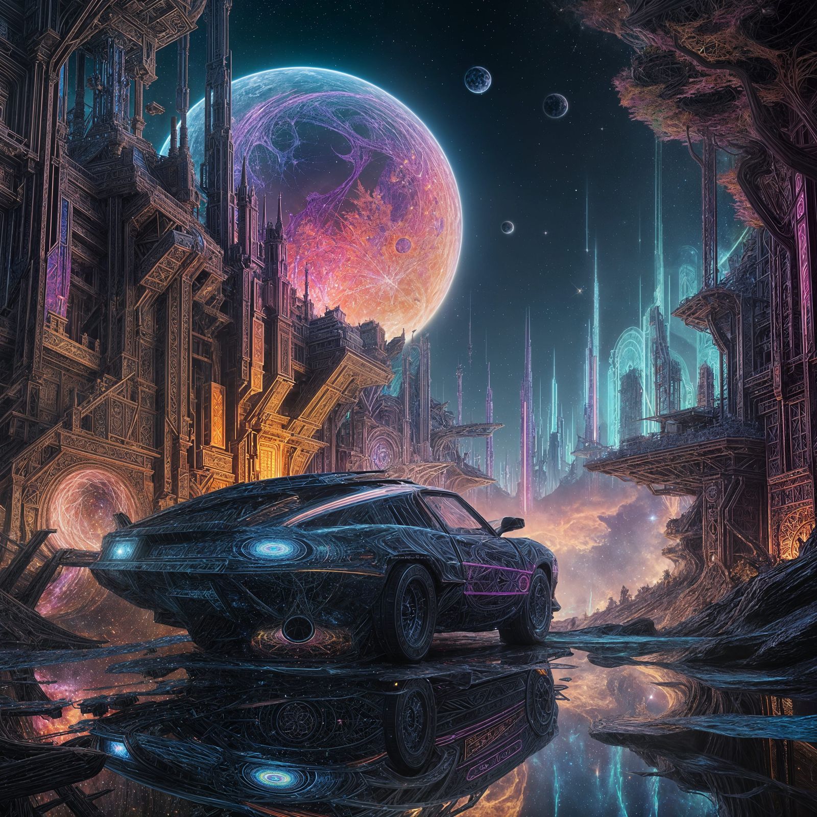 Surreal Futuristic Cityscape with Fractal Patterns