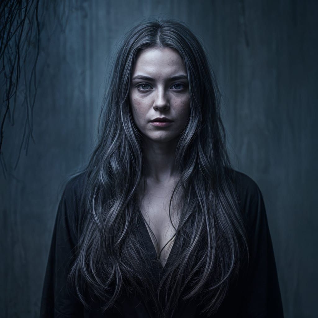 Woman Confronts the Shadows in Dark Gray Hues