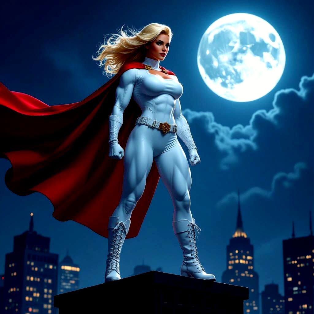 Powergirl with Huge Muscles on Skyscraper at Night