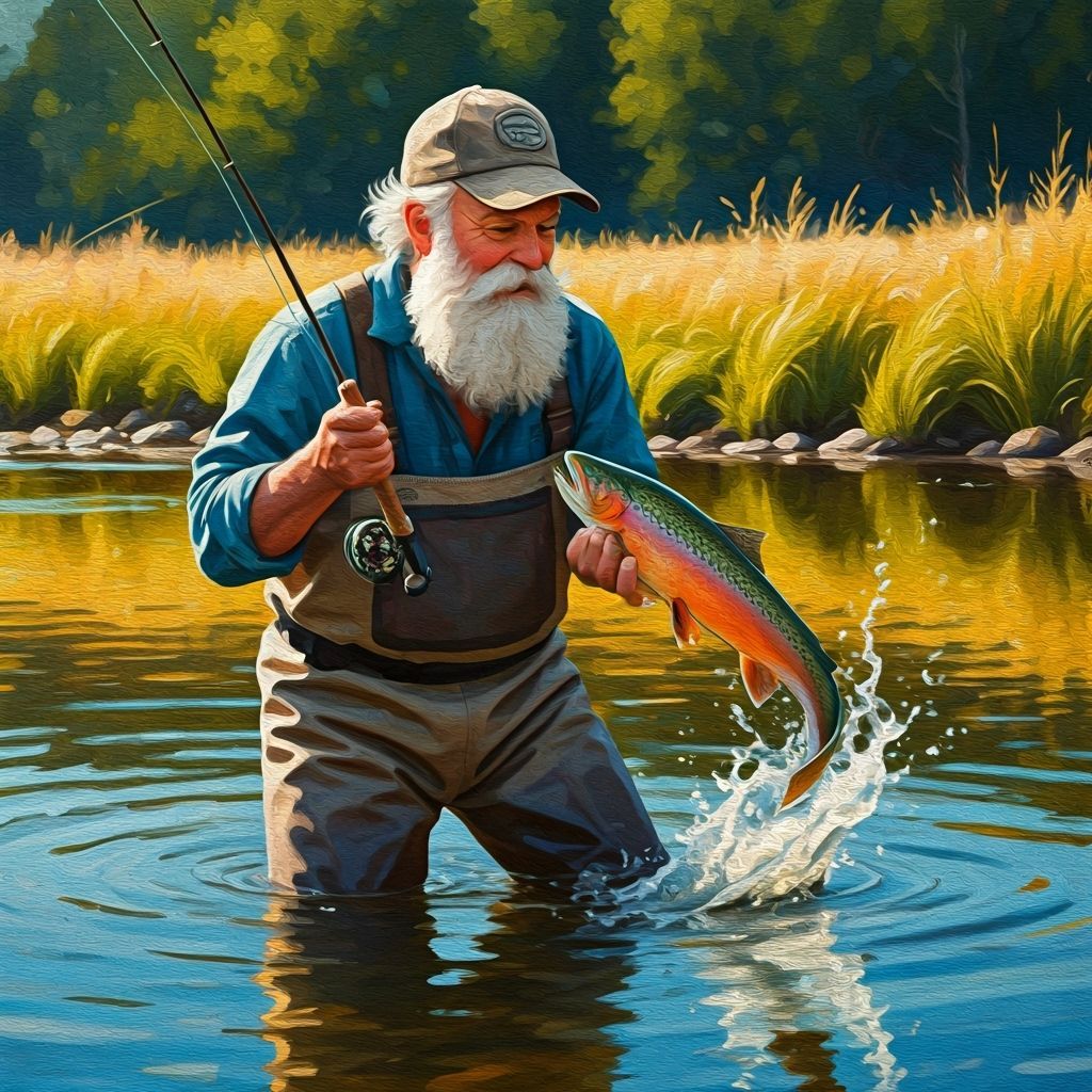 Joyful Fly Fisherman Reels in Leaping Trout in Sunlit Stream