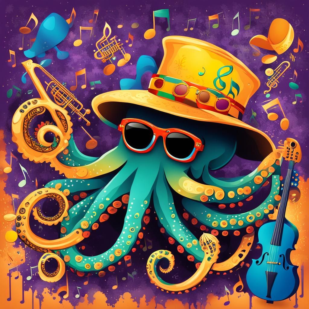 Octopus Plays Jazz at Mardi Gras in Abstract Art