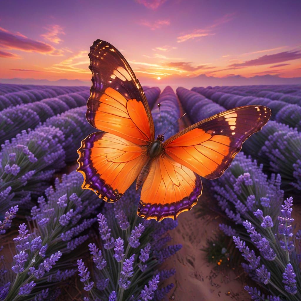 Surreal Orange Butterfly in Lavender Landscape