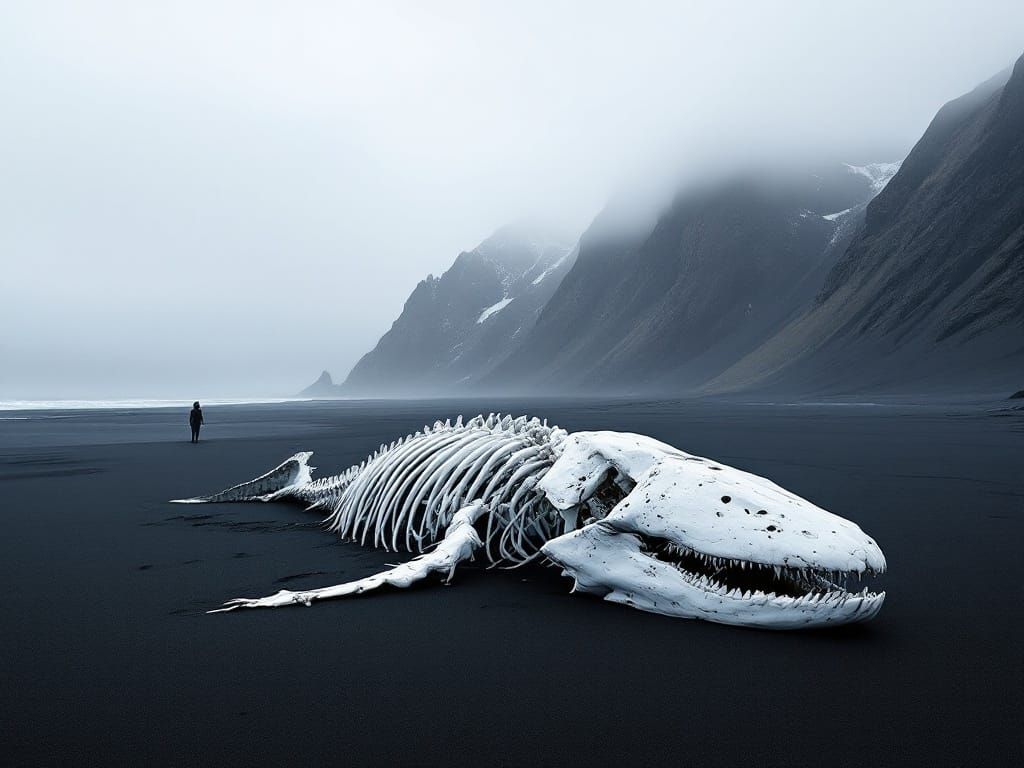 Whale Skeleton on Windswept Black Sand Beach in Volcanic Lan...