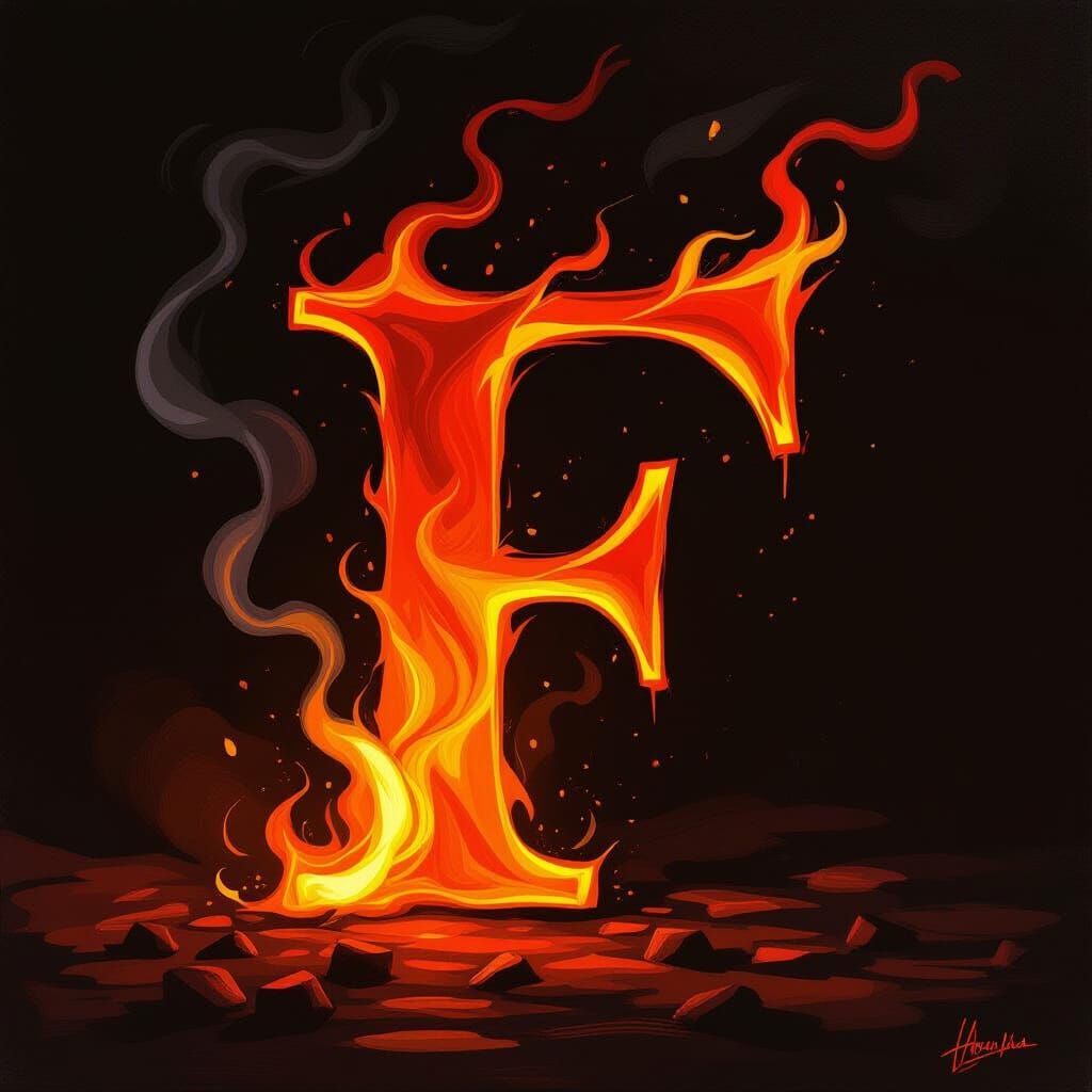 Fiery Letter F in Impasto Oil Painting Style