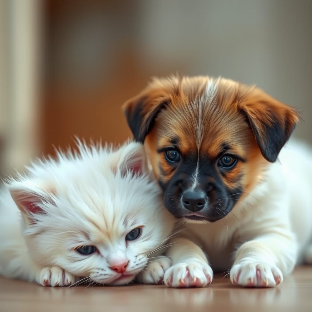 Fluffy White Cat and Puppy Dog Play Together