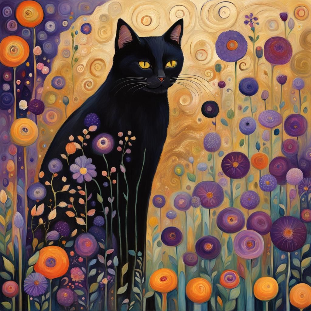 Whimsical Black Cat in Klimt-Inspired Garden