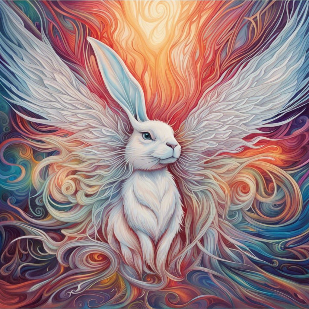 Ethereal White Fire Rabbit in Cyberpunk Style