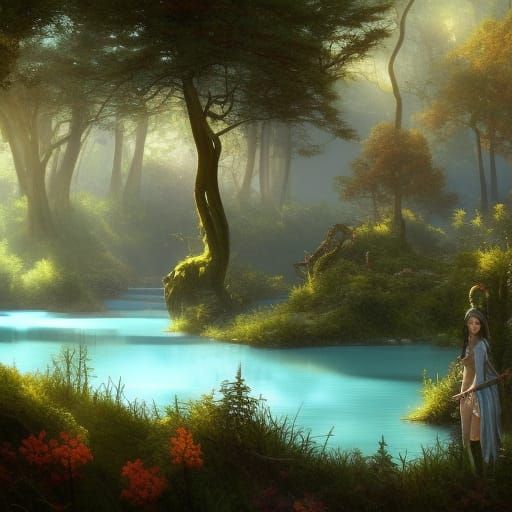 Enchanted Elven Forest with Turquoise Lake: Digital Art