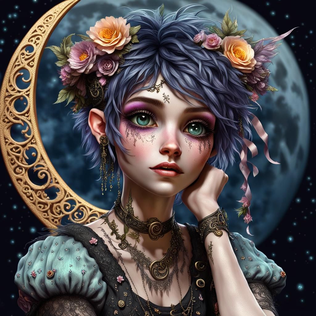 Whimsical Pixie on Crescent Moon: Digital Art