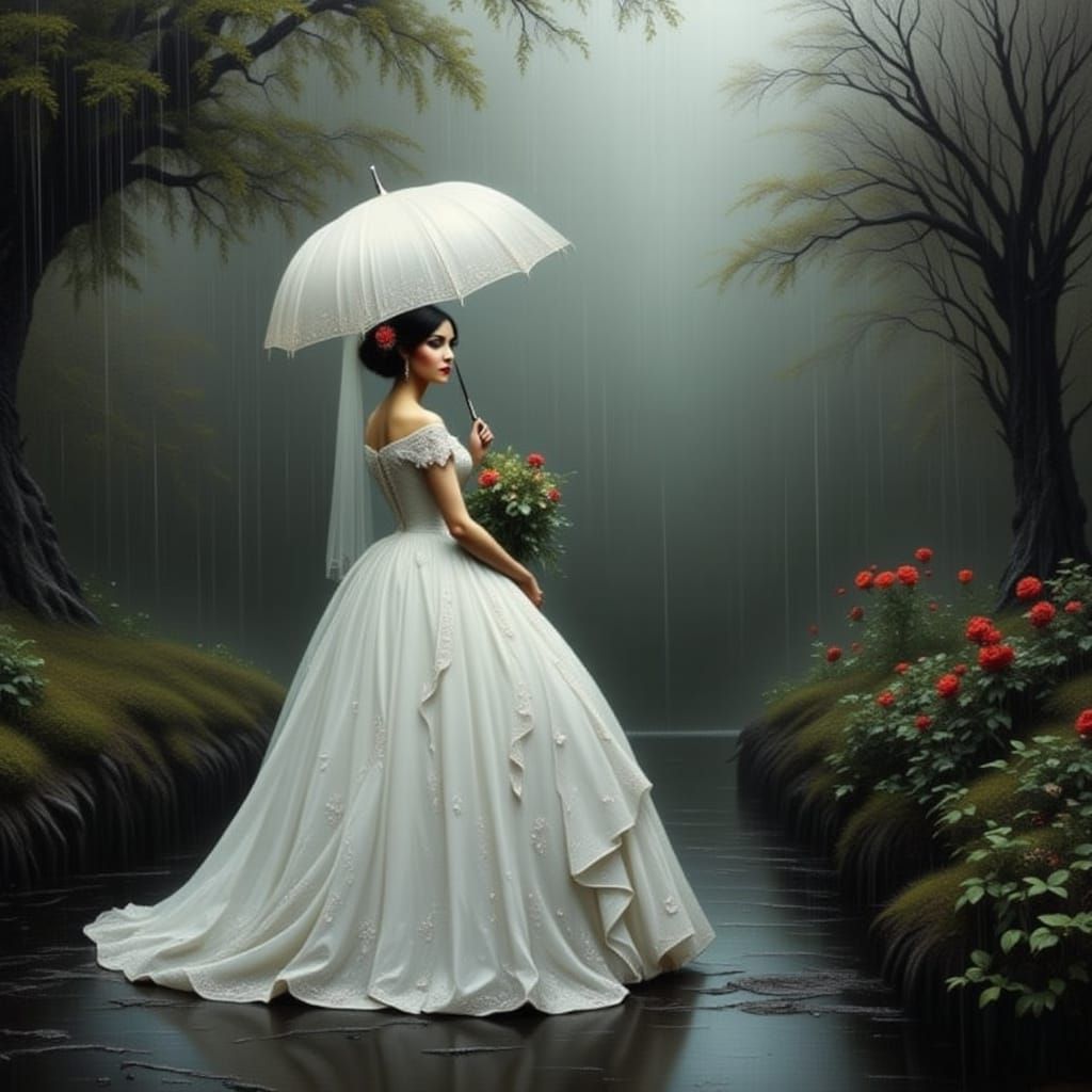 Bride Walking on a Rainy Day