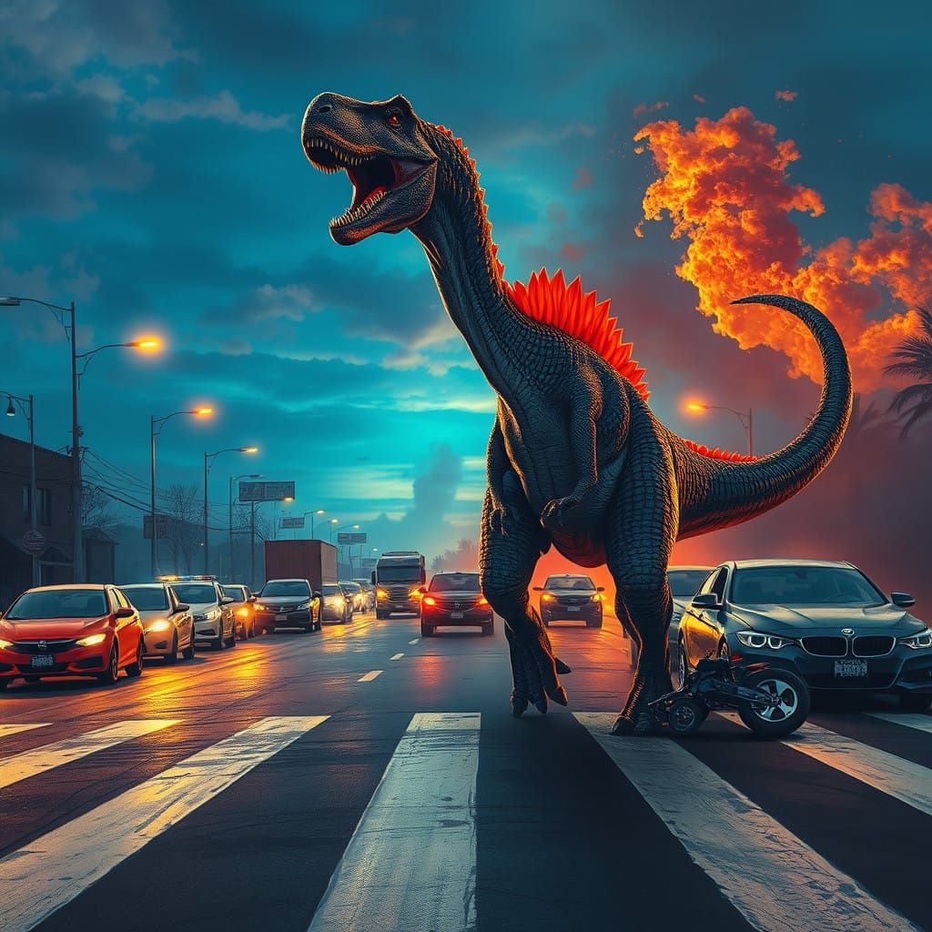 Dinosaur Stepping into a Chaotic Street Scene