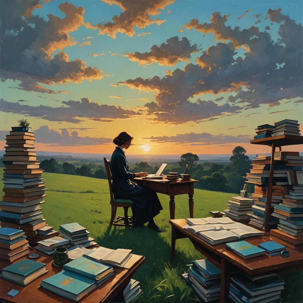 Sunset Desk in Field, Oil Painting by Gurney