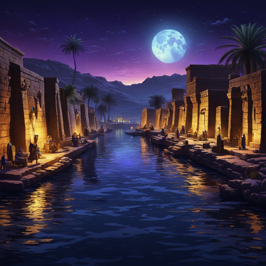 Moonlit Nile Scene with Pharaohs in Hyperrealistic Style