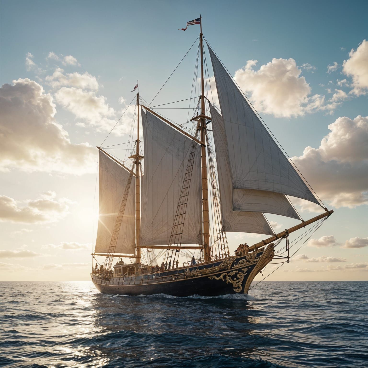 Elaborate Redwood Sailboat with Gold Trim