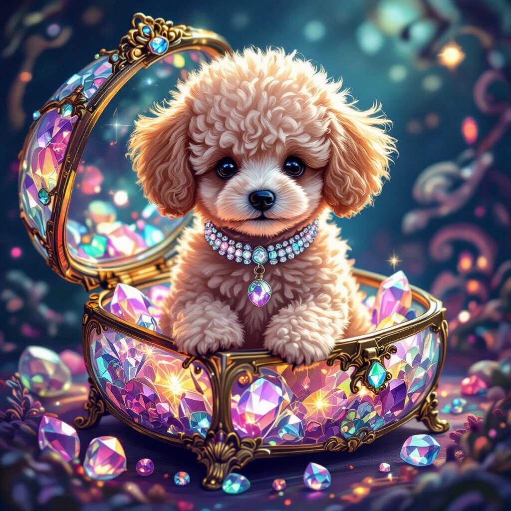 Baby Poodle in Jeweled Box: Dreamlike Digital Art