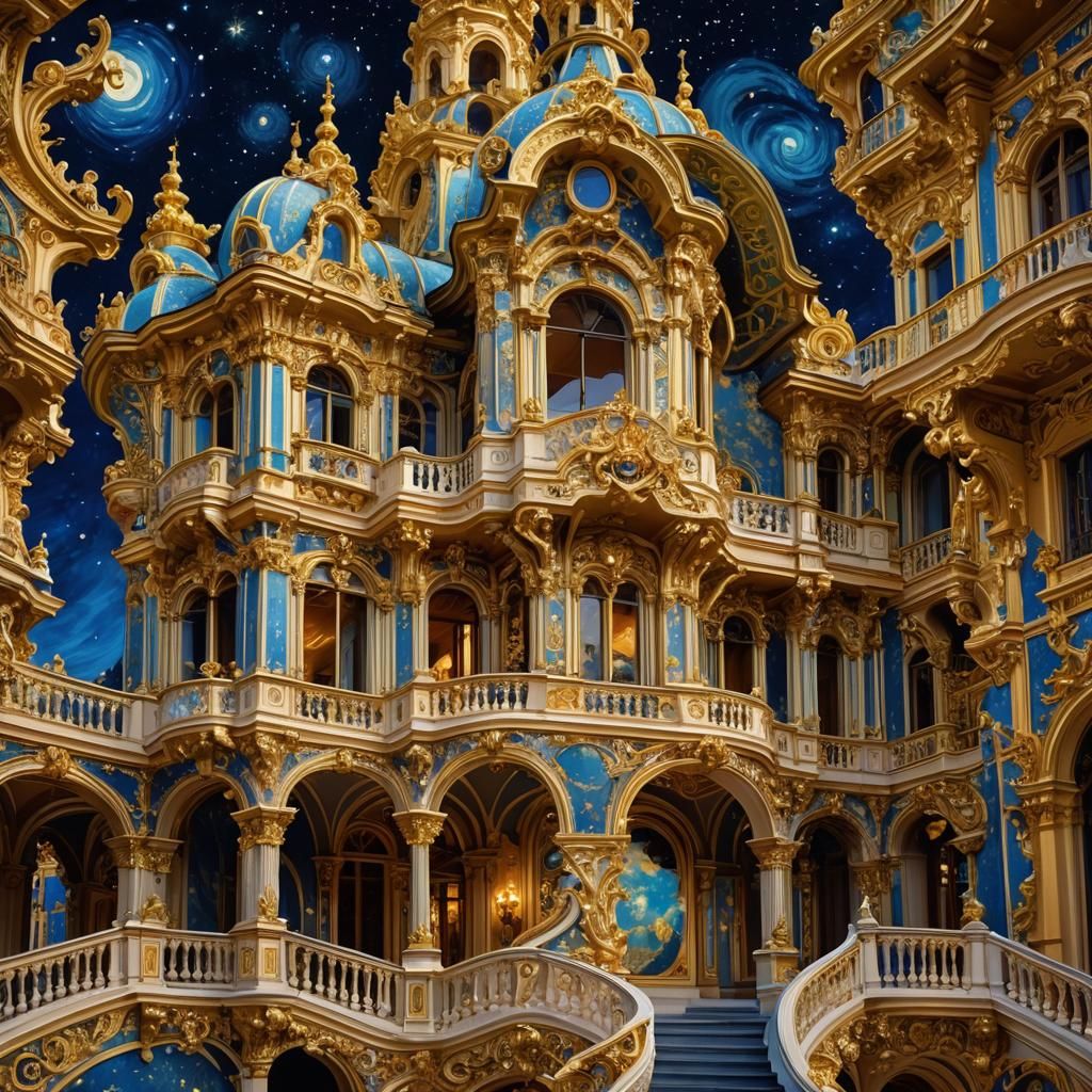 Rococo Architecture under Zaffre Sky, Klimt and Mucha Style