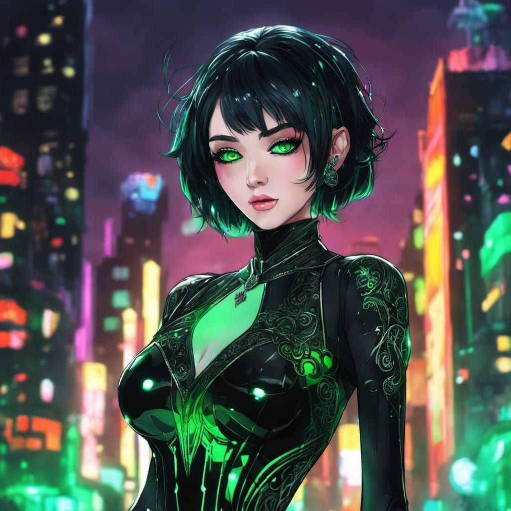Anime Portrait: Goth Woman in Neon City Rain