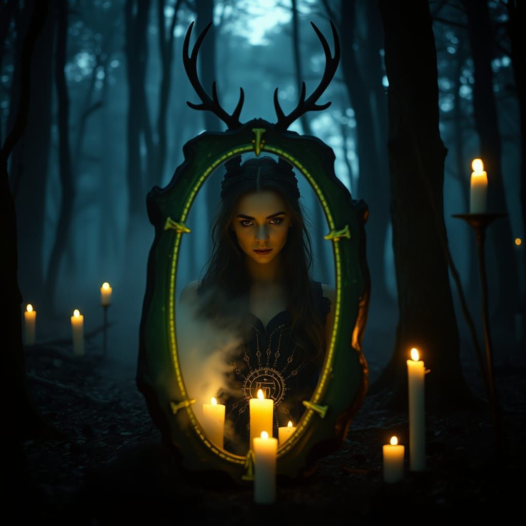 Obsidian Mirror Reflecting Antlered Woman in Forest