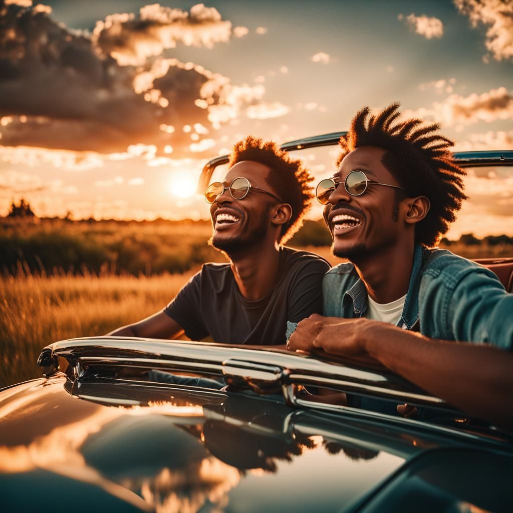 Friends Laughing on Classic Car at Sunset