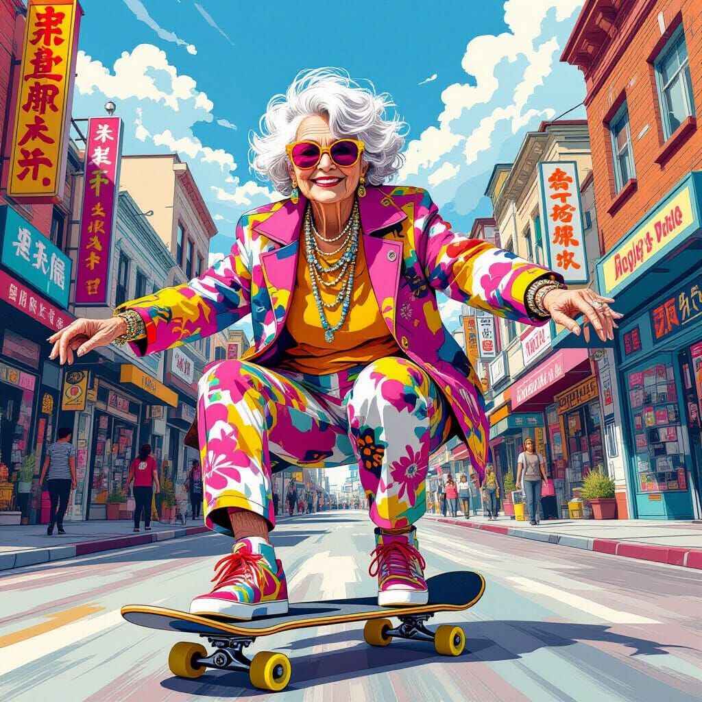 Trendy Grandma Skateboarding in Urban Pop Art Style