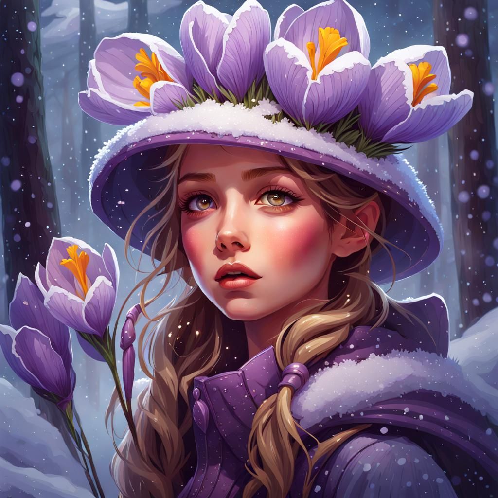 Crocus Fairy Portrait in Snow, Hyperdetailed Digital Art