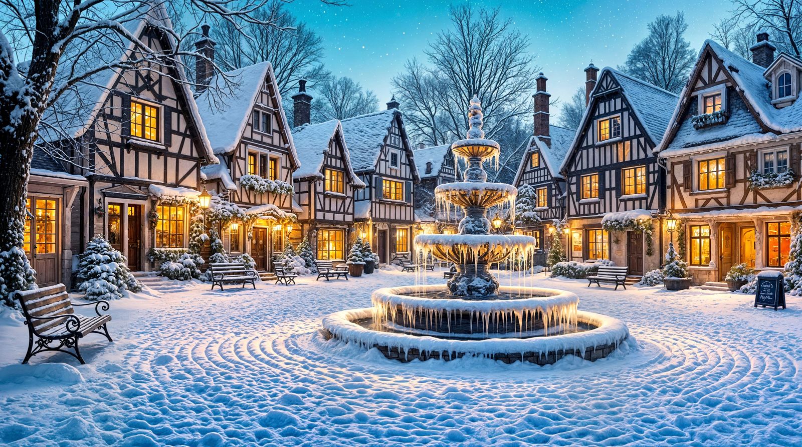Winter's Embrace: A Snow-Covered Village Square