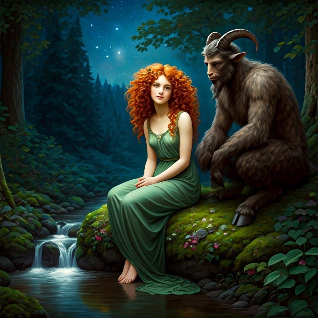 Classical Satyr and Nymph in Dreamy Forest Scene