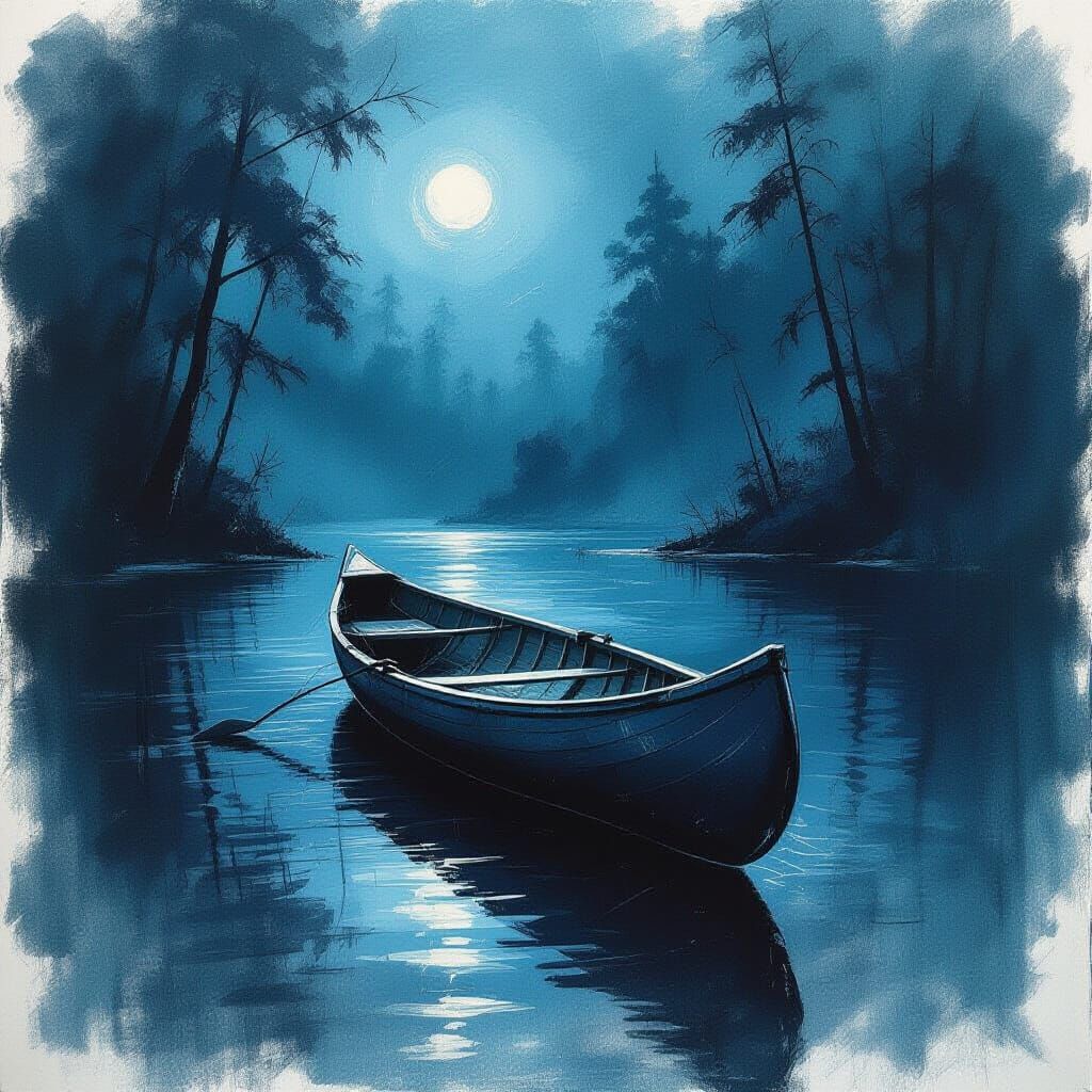 Neo-Expressionist Canoe in Mysterious Realm Sketch Art