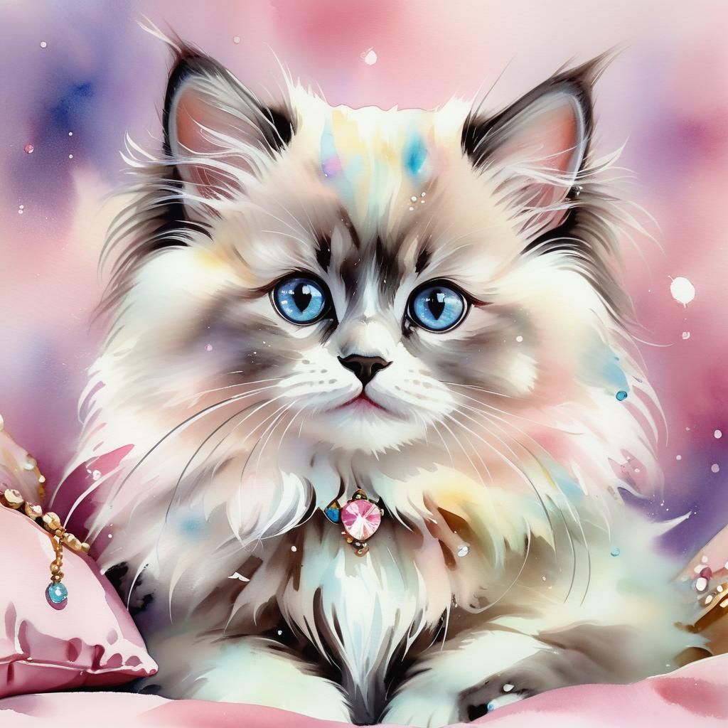 Jeweled Ragdoll Kitten Watercolor Portrait