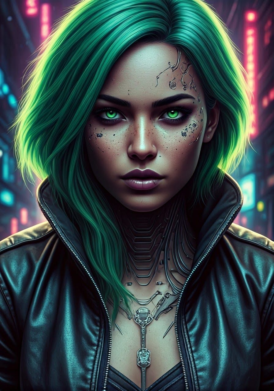 Cyberpunk Girl with Cybernetic Implants and Neon Lights