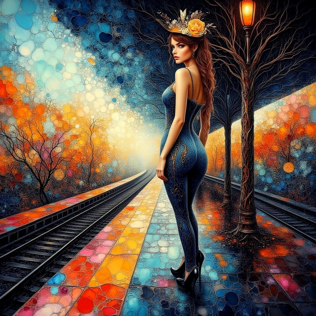 Woman at Train Station in Impasto Oil Painting