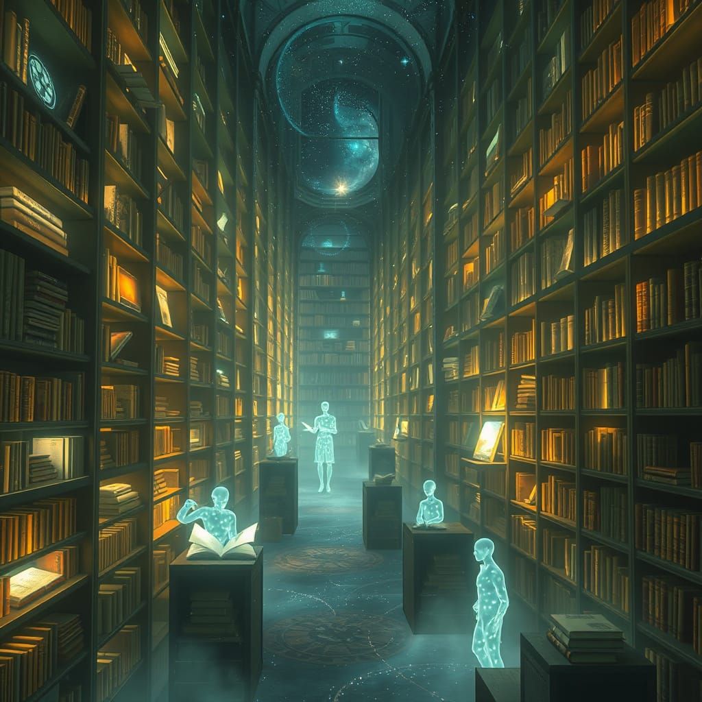 Cosmic Library with Glowing Books and Ethereal Figures