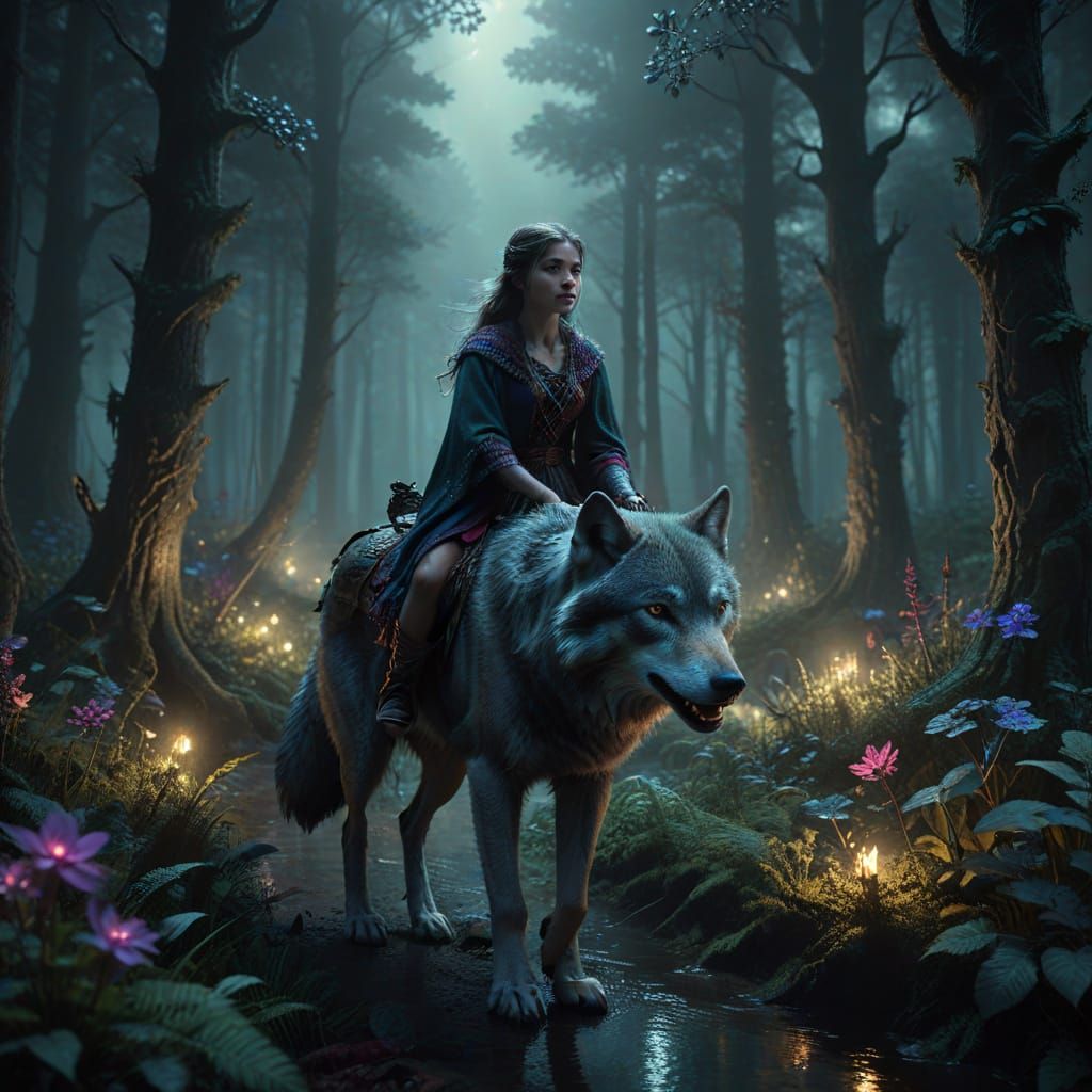 Girl Rides Wolf Through Mystical Forest in Dark Fantasy Styl...