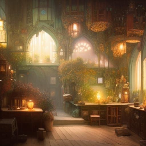 Cozy Cafe at Night in Art Nouveau Style