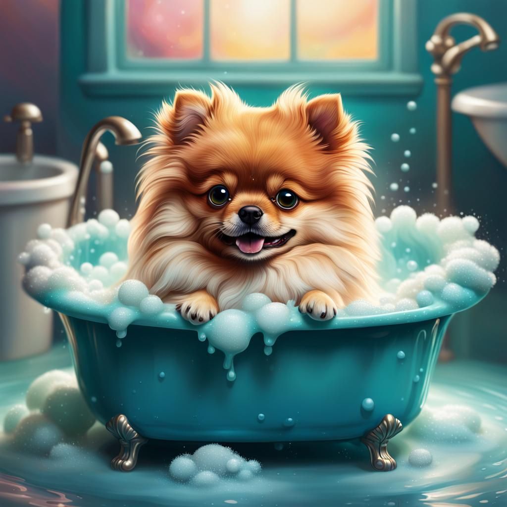 Pomeranian Puppy's Fantasy Bath in Hyperrealistic Style