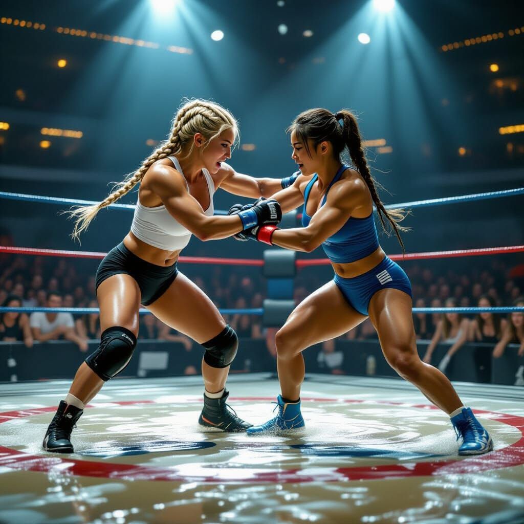 Intense Oil Wrestling Match: Athletic Women Grapple Under Sp...