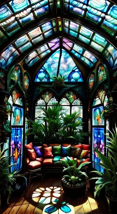 Futuristic Conservatory with Glowing Stained Glass