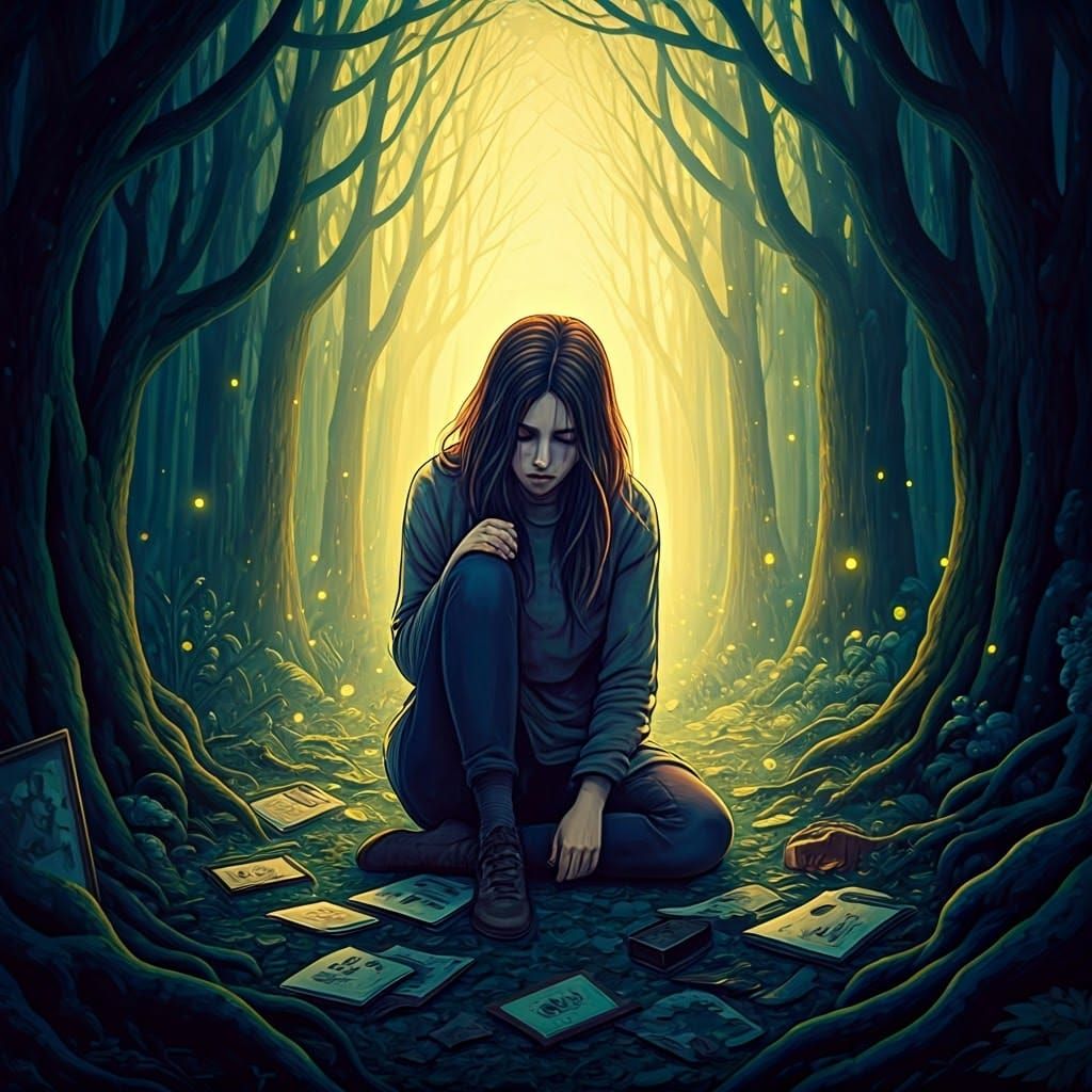 Devastated Woman in Dreamlike Forest, Digital Art